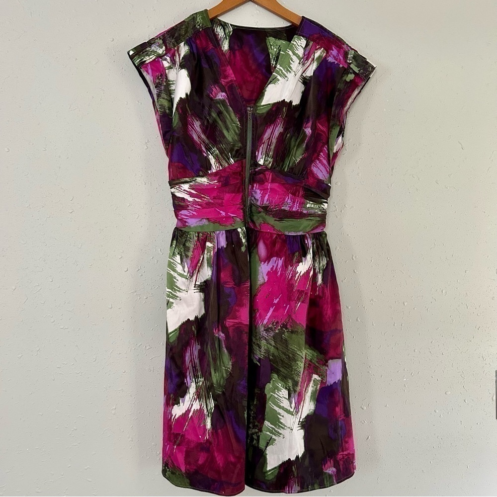 🦋 Vintage Pink Purple Multicolored V-Neck Zipper Cinched Elastic Waist Large